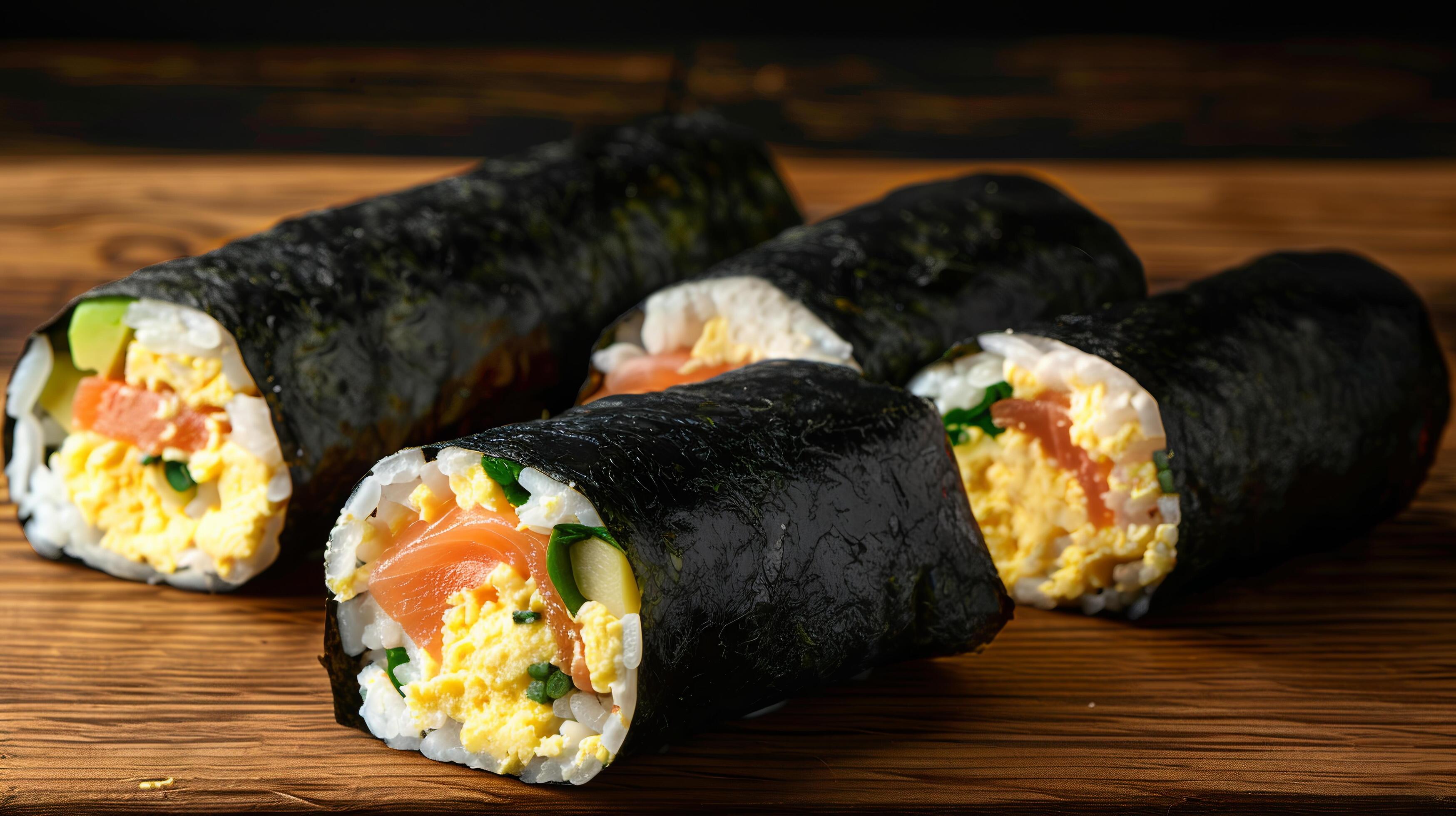 Breakfast sushi roll filled with scrambled eggs, avocado, and smoked salmon, wrapped in nori and rice. Stock Free