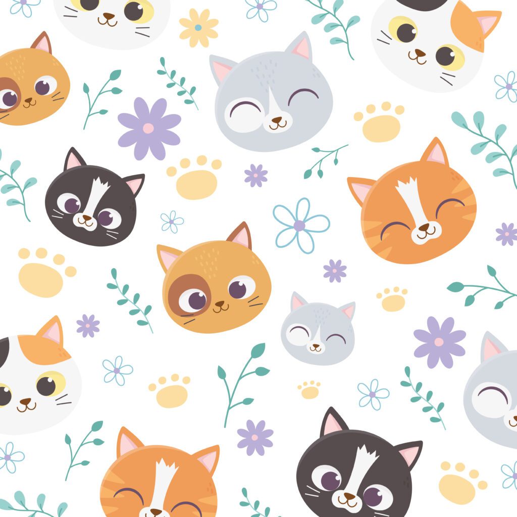 Pattern of cute cartoon cats with flowers Free Vector