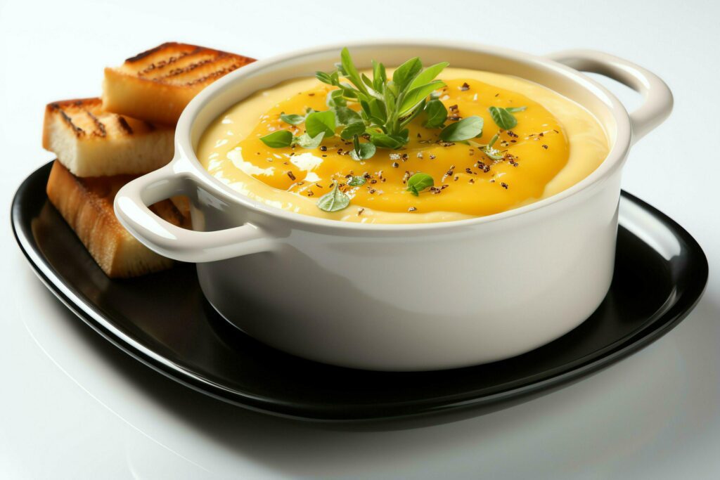 A delicious pumpkin soup food cream in a bowl. Winter food and high healthy soup meal concept by AI Generated Stock Free