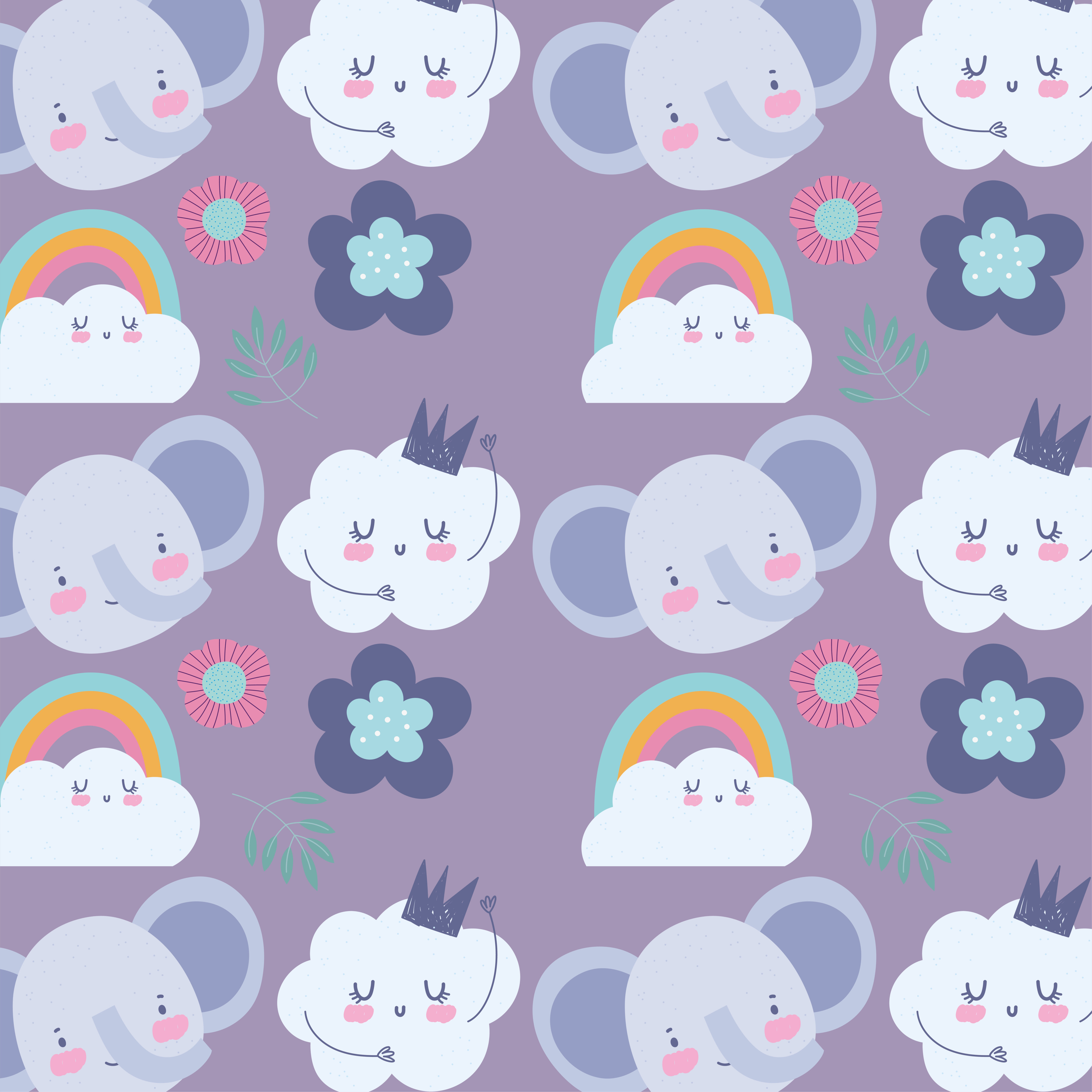 Little elephant faces with clouds pattern background Free Vector