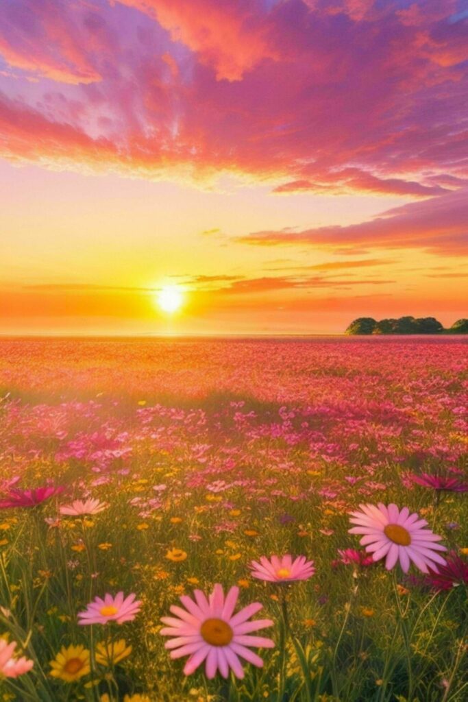 A sun-drenched daisy field stretching out to the horizon, with a vibrant sky of pink and orange hues. Stock Free