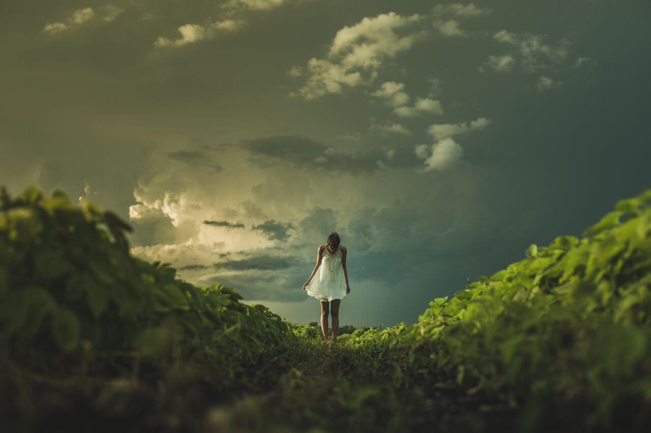 Woman White Dress Field Clouds Stock Free