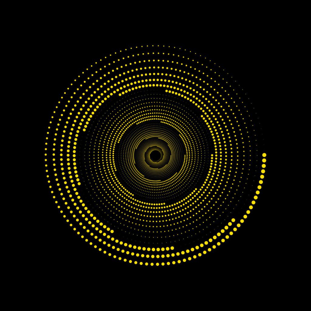 Yellow circular dotted spiral vortex on a black background vector. Round swirl pattern dots wave design. Free Vector