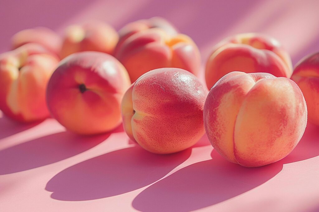 Ripe juicy peaches on a pink background. Horizontal background. Generated by artificial intelligence Stock Free