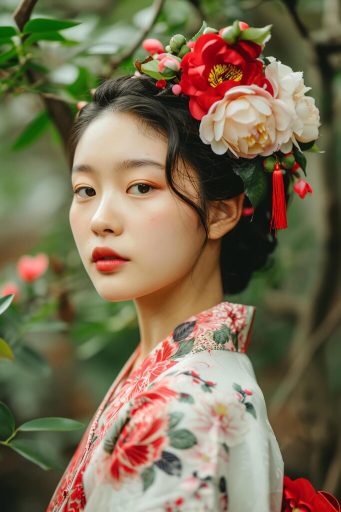 Floral Grace Woman Adorns Lunar New Year with Elegant Hairpin Free Photo