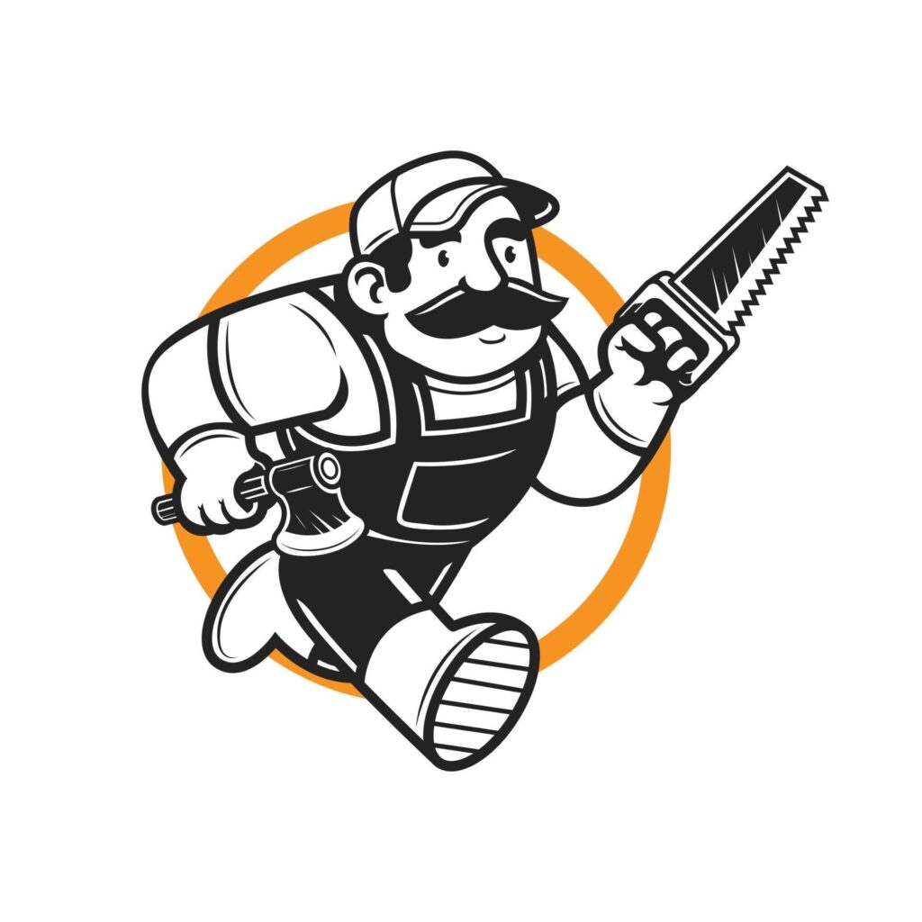 Running lumberjack mascot hold the axe and saw mascot logo character Stock Free