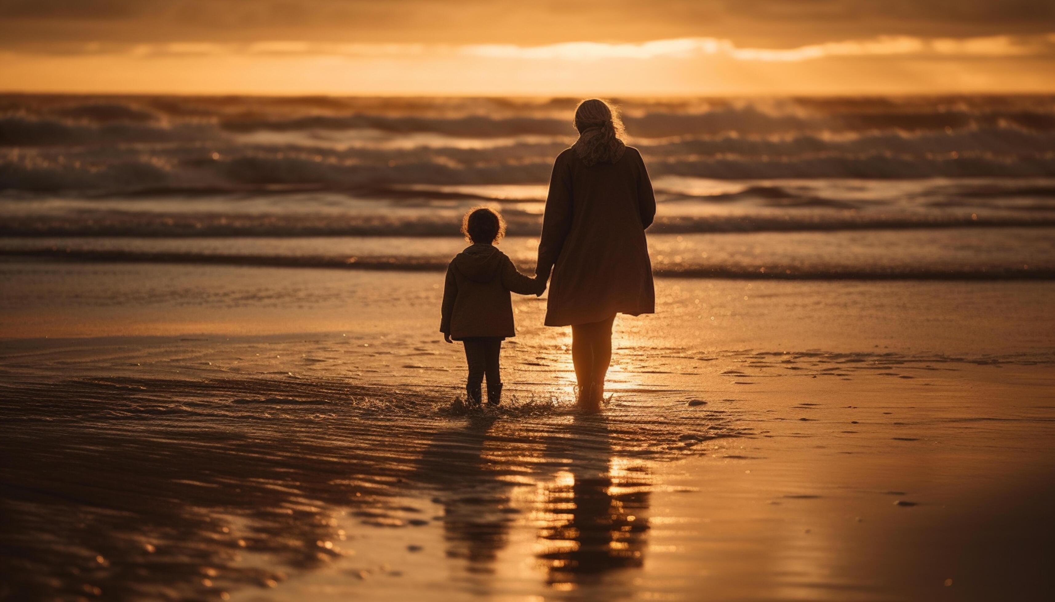 AI generated Family enjoying a sunset walk on the beach, holding hands generated by AI Stock Free