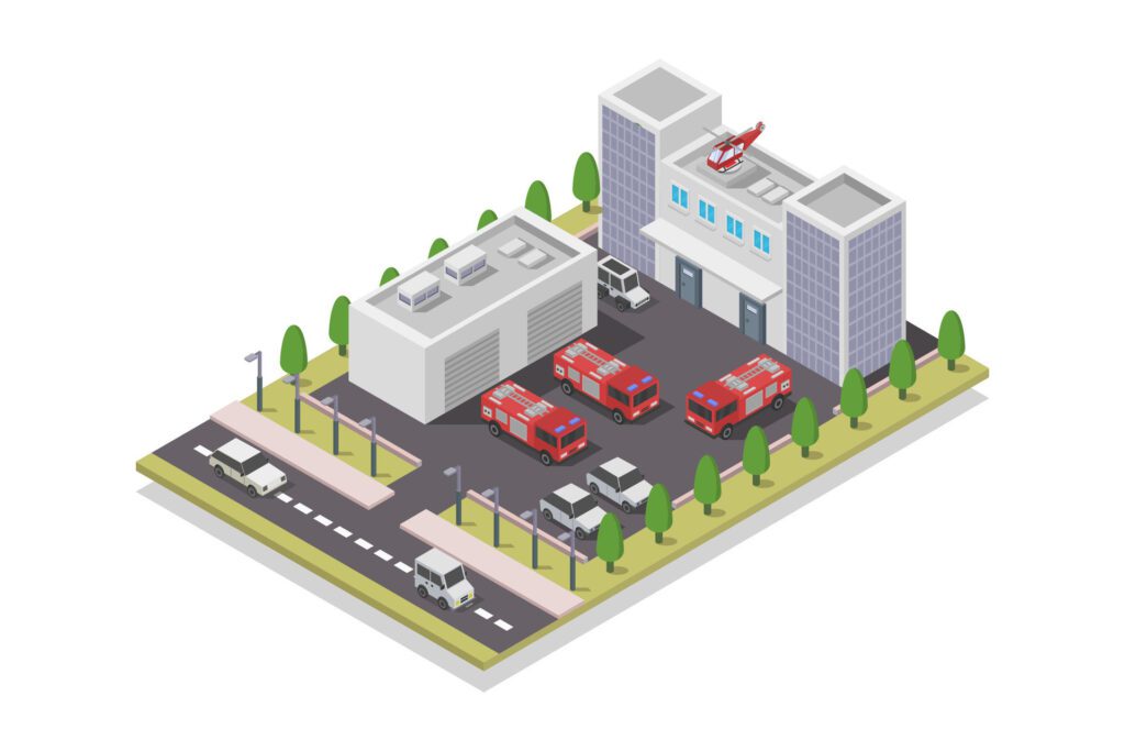 Isometric fire station building on white background Free Vector