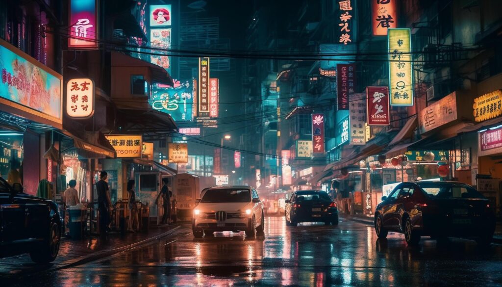 Skyline of Chinese city illuminates crowded city street generated by AI Stock Free