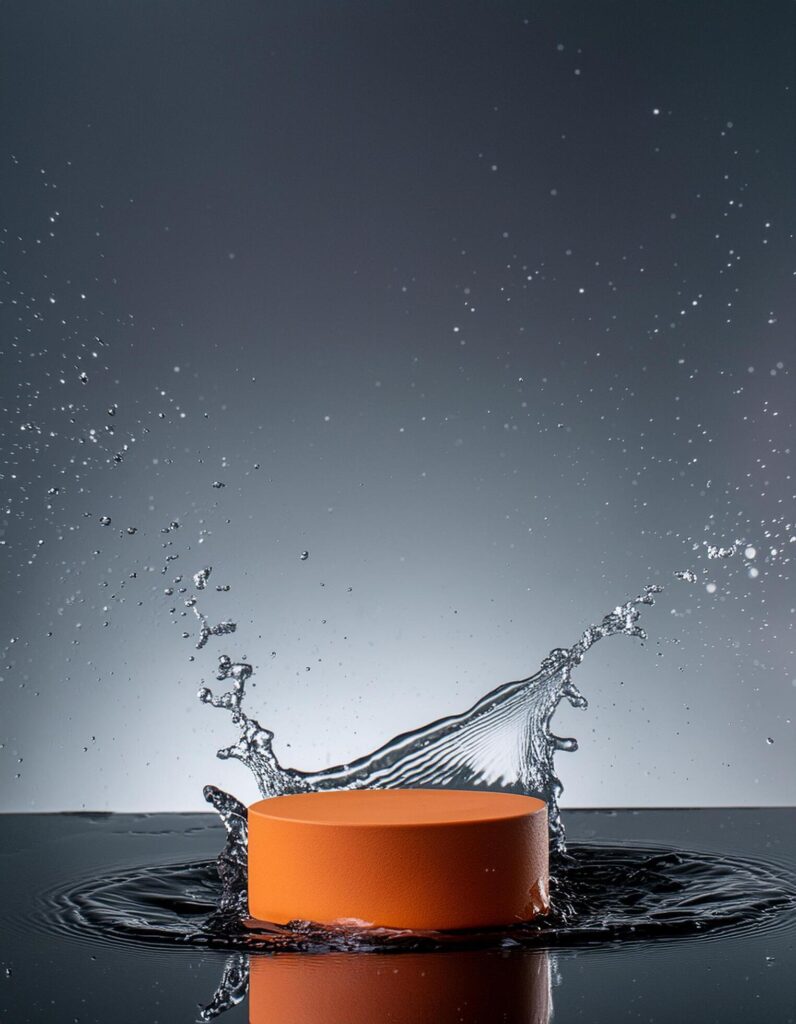 empty orange podium mockup with water splash on a gradient background for product display Stock Free