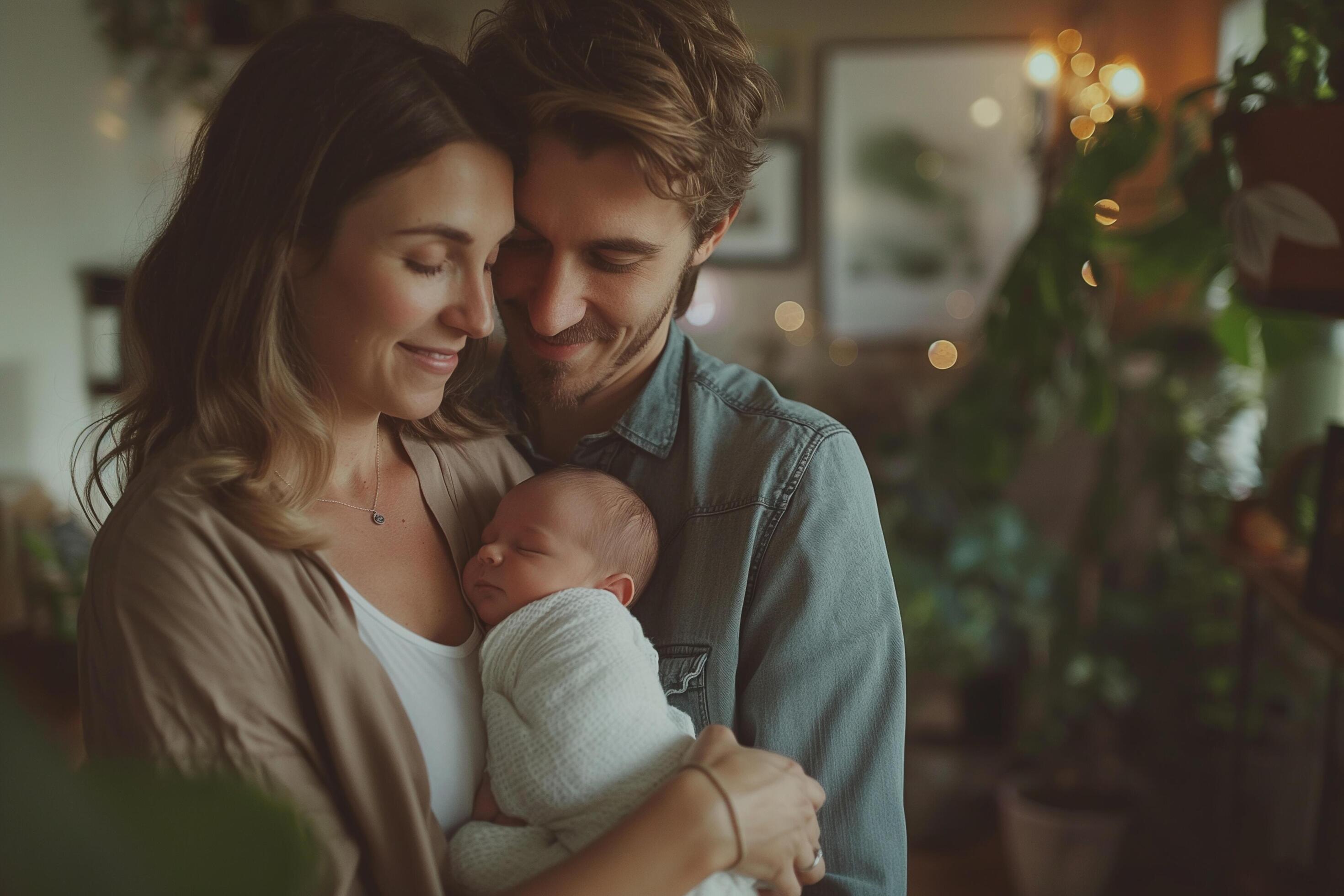 Tender family moment with new parents and their sleeping newborn Stock Free