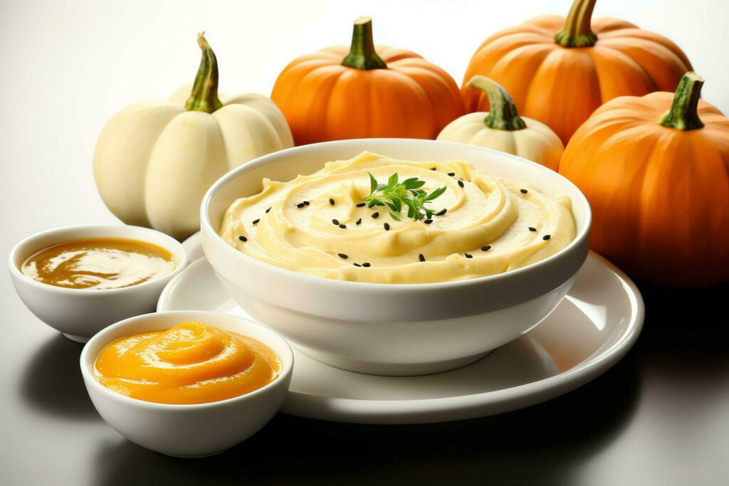 A delicious pumpkin soup food cream in a bowl. Winter food and high healthy soup meal concept by AI Generated Stock Free