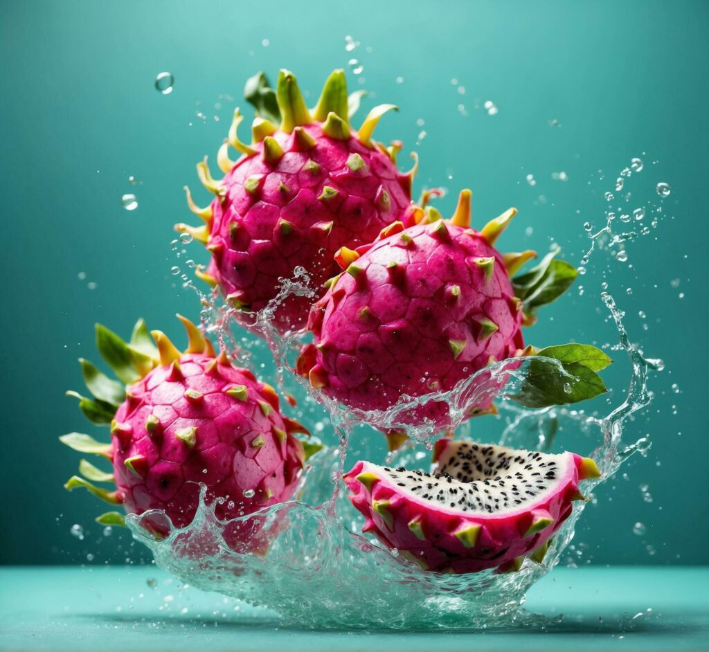 Dragon fruit with water splash on turquoise background. Tropical fruit. Free Photo