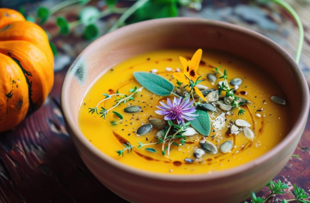 a bowl of pumpkin soup surrounded with pumpkin seeds Free Photo