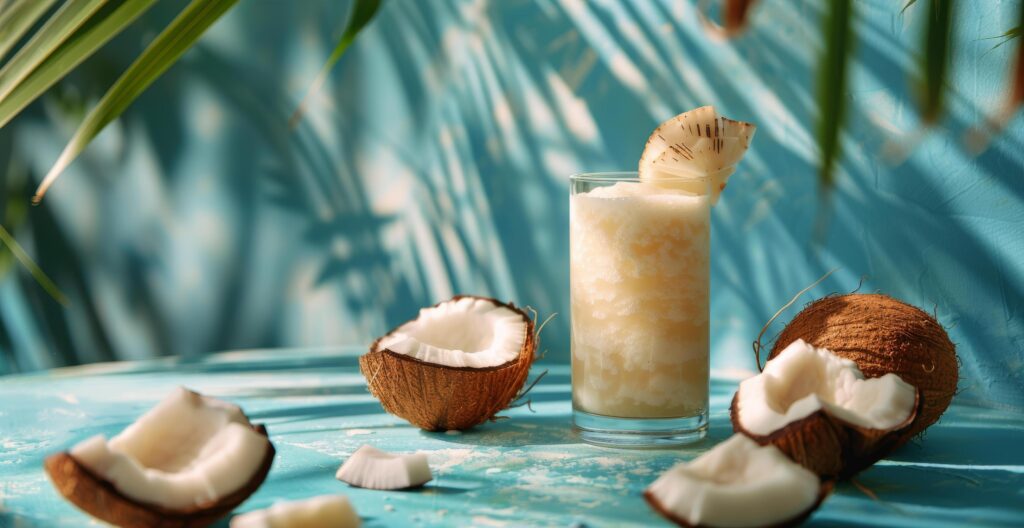 Creamy Coconut Drink With Tropical Palm Leaves on a Blue Background Stock Free