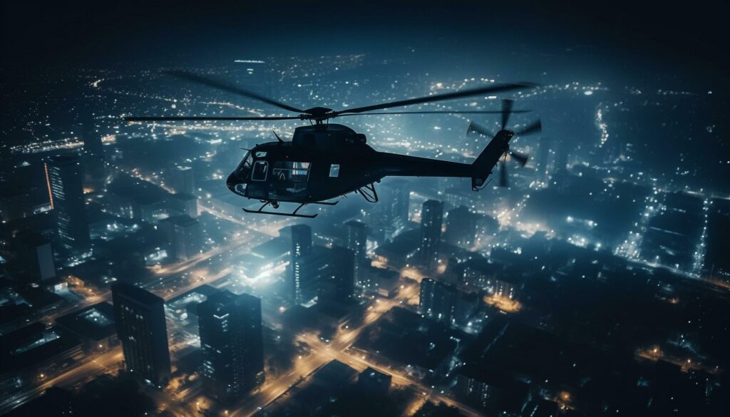 Glowing helicopter hovers mid air over city skyscrapers at dusk generated by AI Stock Free