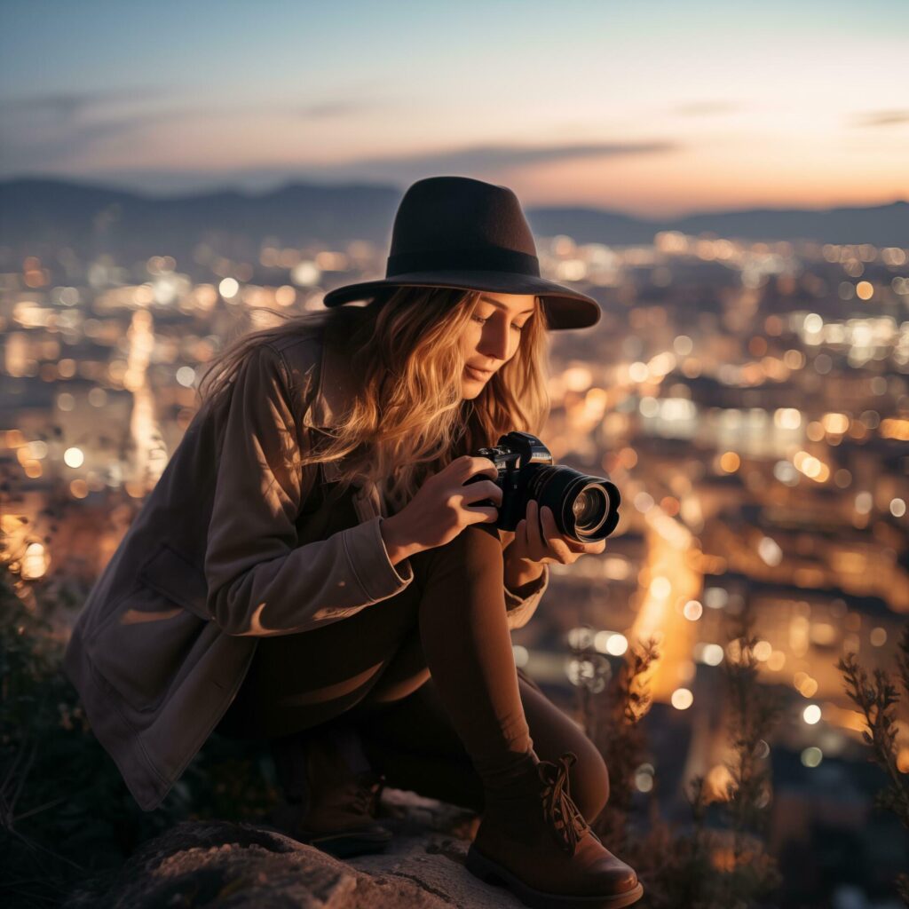 AI generated a woman in a hat taking a photo of the city at night Stock Free