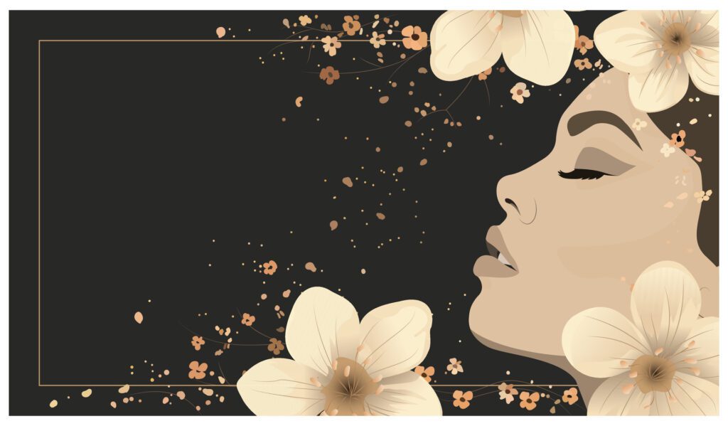 Background with a golden frame with a picture of a girl and flowers Free Vector