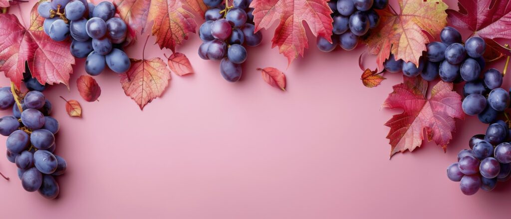 Red Grapes and Autumn Leaves on Pink Background Stock Free