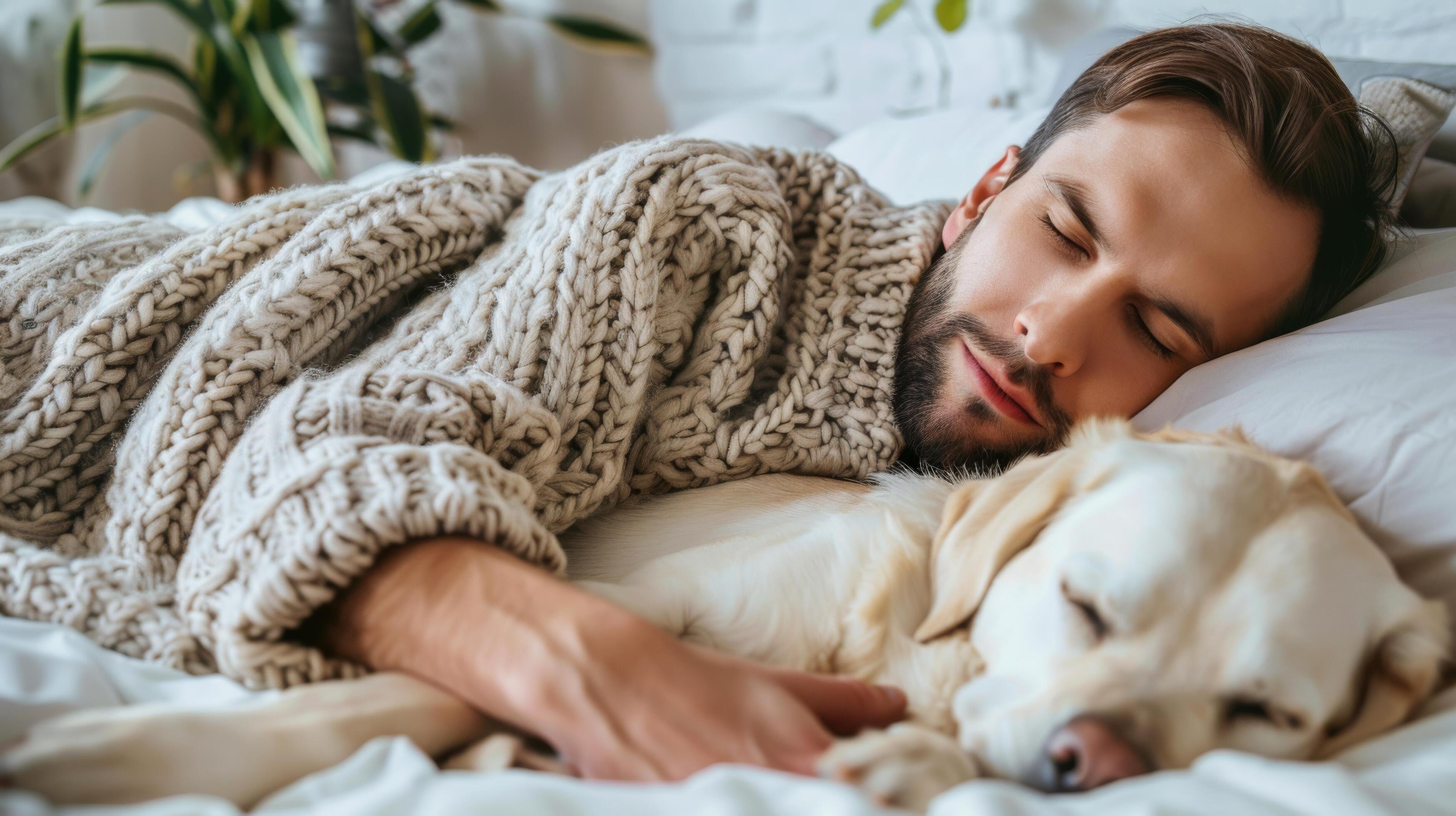 Person Relaxing in Bed With Dog Stock Free