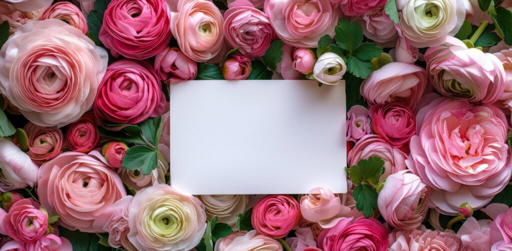 Pink and White Ranunculus Flowers Surrounding a Blank White Card on a Dark Background Stock Free