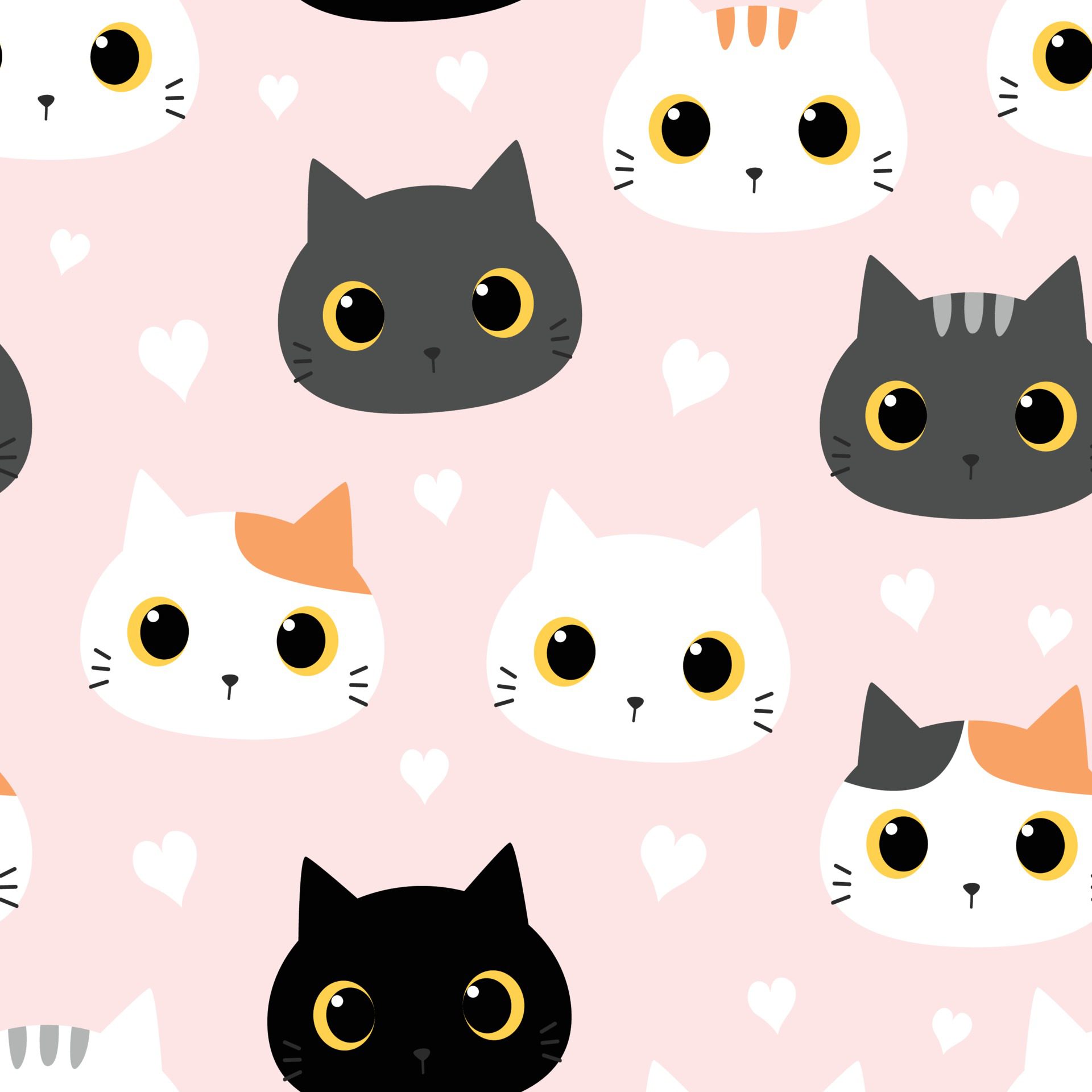 Cute cat kitten head cartoon doodle seamless pattern Free Vector