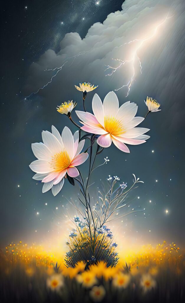 An image that combines the energy of lightning with the delicate beauty of blooming flowers. Stock Free