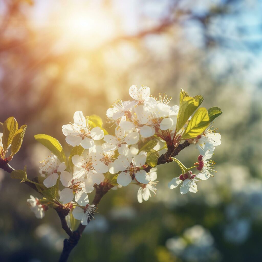 Spring blossom background. Nature scene with blooming tree and sun flare. Spring flowers. Beautiful orchard,light blue background , generat ai Stock Free