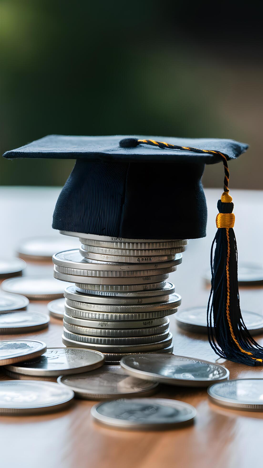 Graduation cap on stacked coins symbolizes education and achievement Vertical Mobile Wallpaper Stock Free