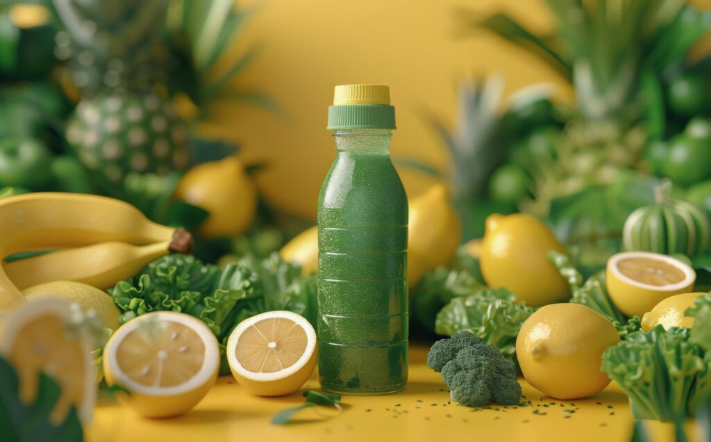 Green Smoothie Bottle With Fresh Fruits and Vegetables on Yellow Background Stock Free