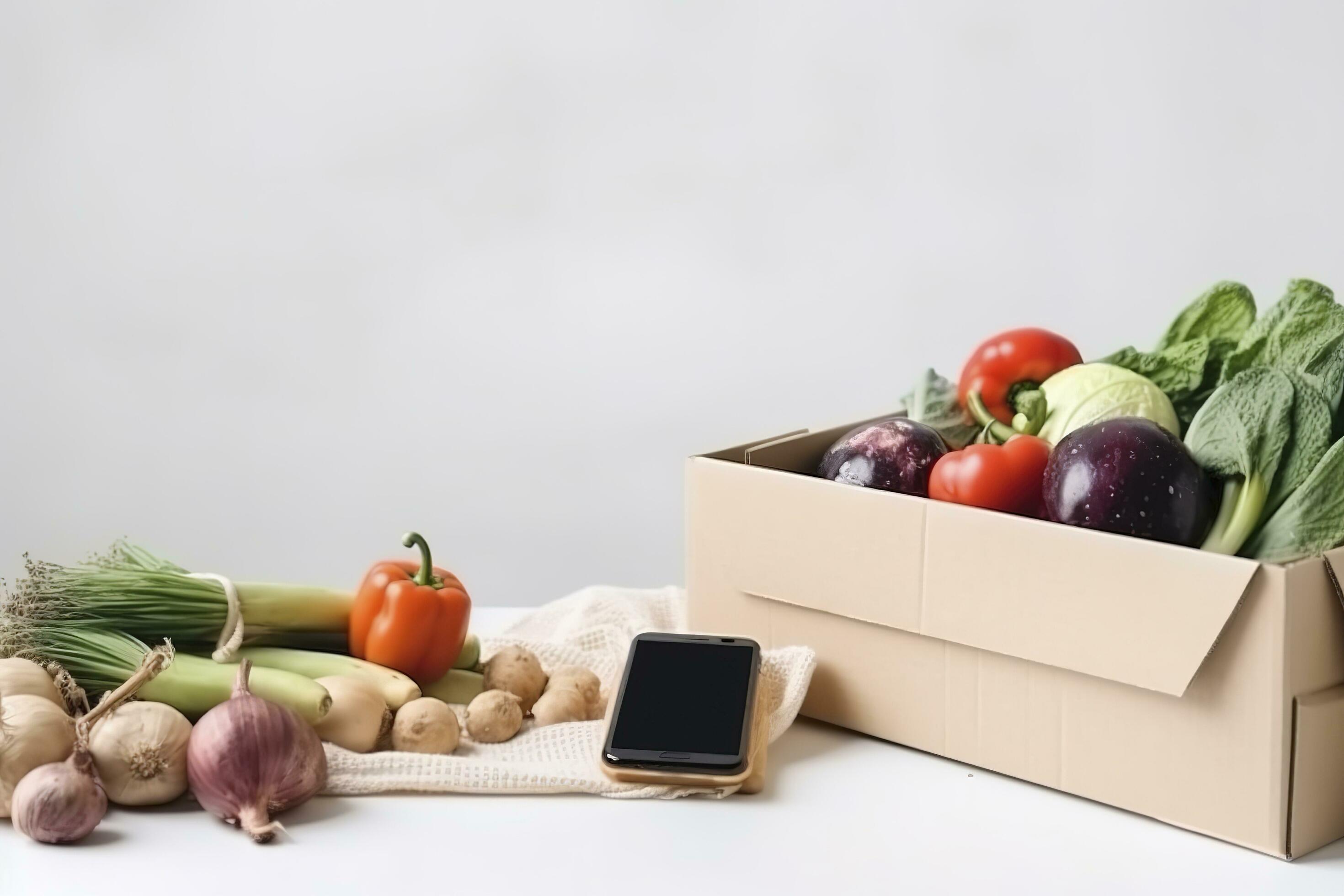 smartphone with food delivery application over table with fresh groceries isolated on white background, generate ai Stock Free