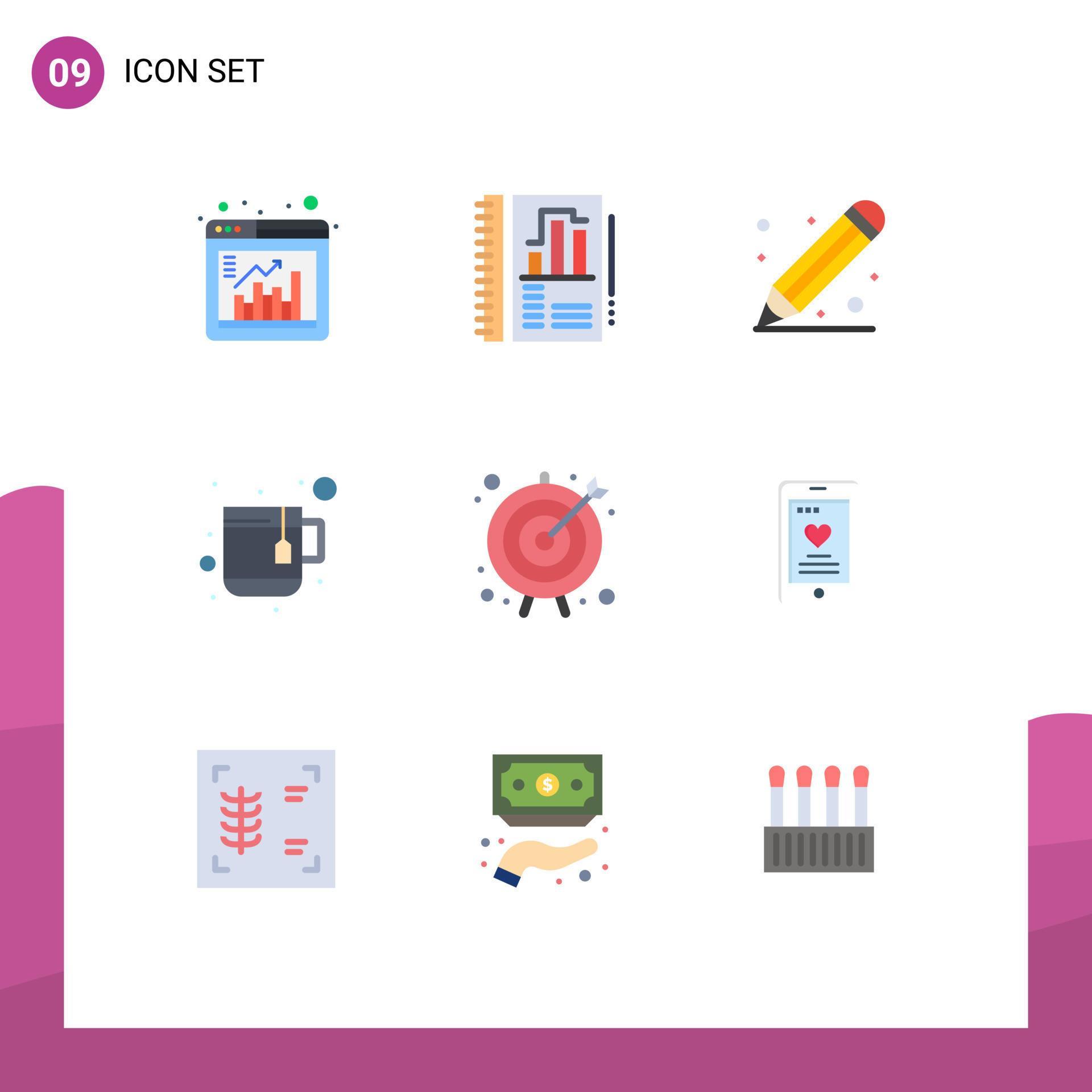 Universal Icon Symbols Group of 9 Modern Flat Colors of target arrow education tea cup Editable Vector Design Elements Stock Free