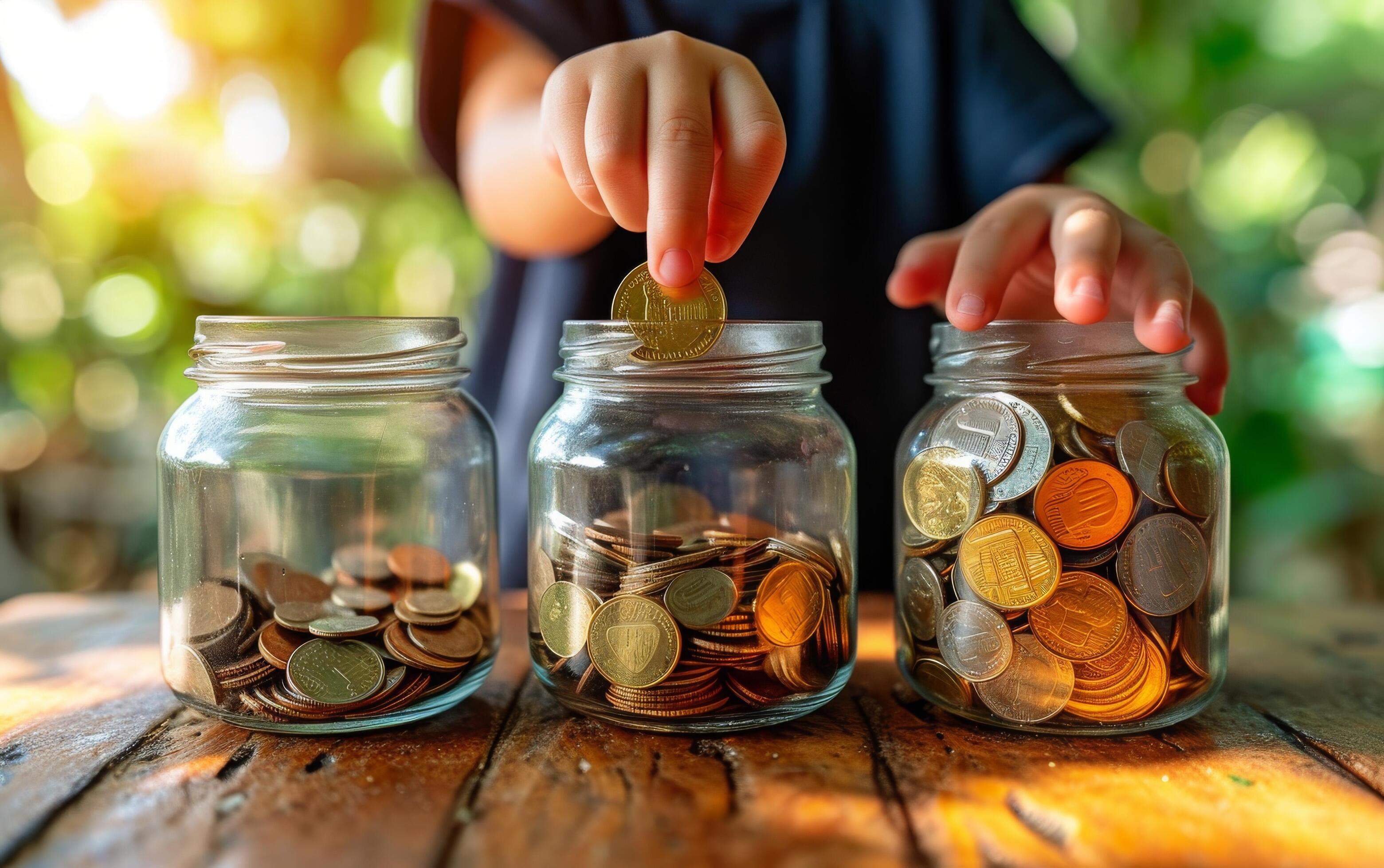 AI generated A child hands carefully placing coins into glass jars, symbolizing early financial education Stock Free