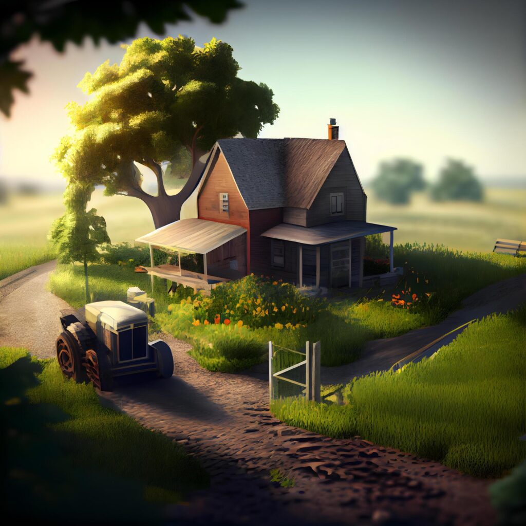 Countryside scene with tractor and house. 3d render illustration., Image Stock Free