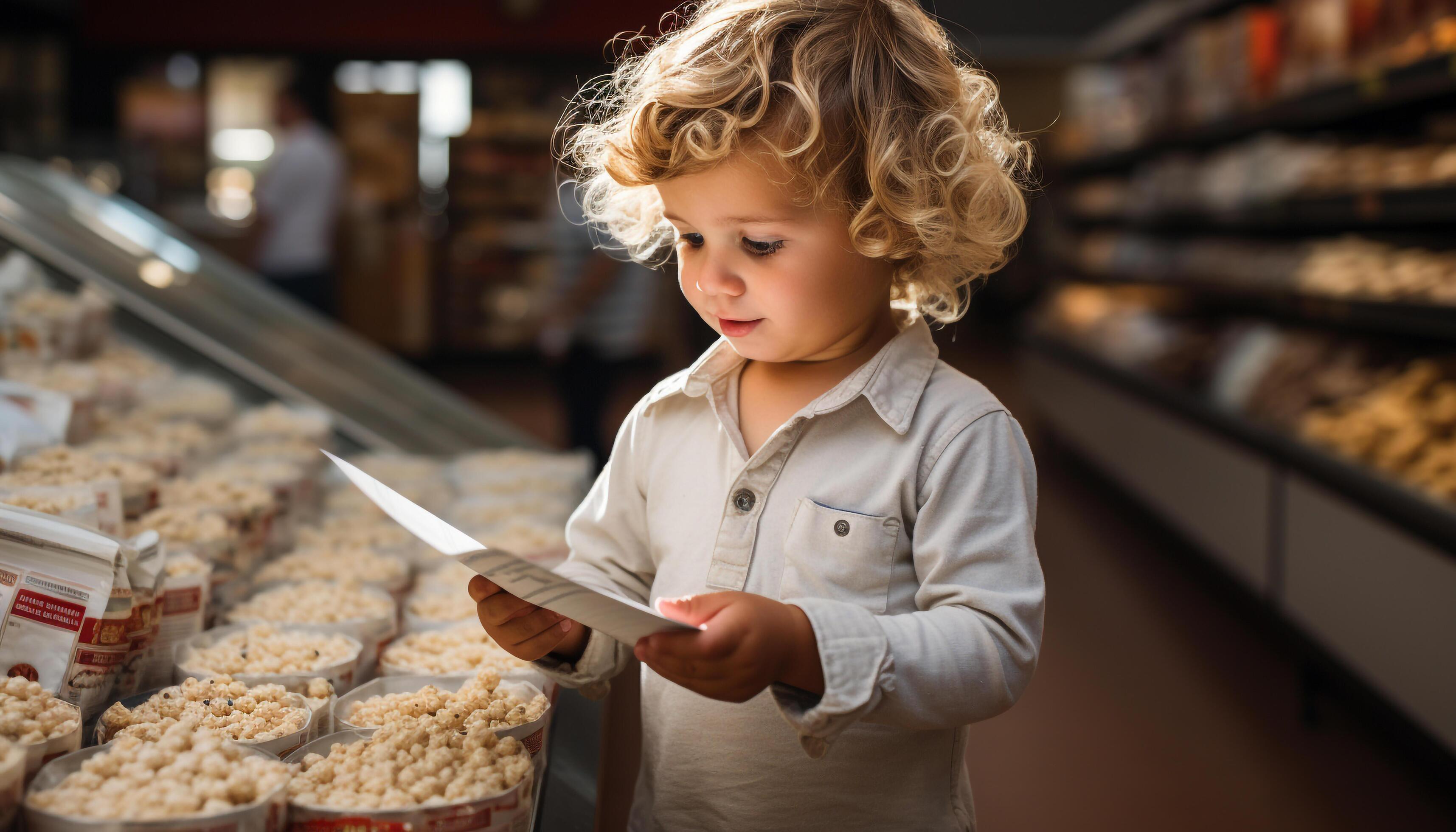 AI generated Cute blond toddler happily choosing groceries in supermarket with family generated by AI Stock Free