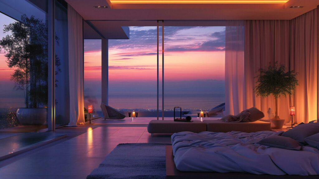 Modern Bedroom with Sunset View and Tranquil Design Free Photo