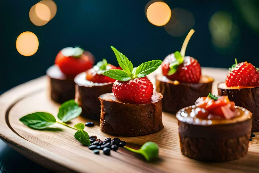 small desserts with strawberries and mint on a wooden board. AI-Generated Free Photo