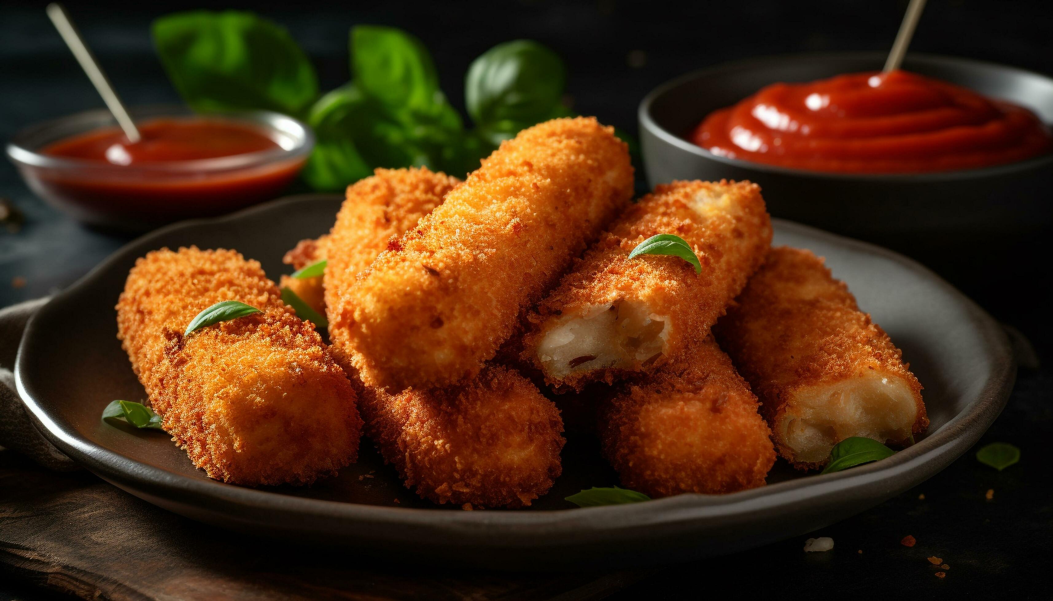 Deep fried chicken nuggets with savory sauce, perfect pub food appetizer generated by AI Stock Free