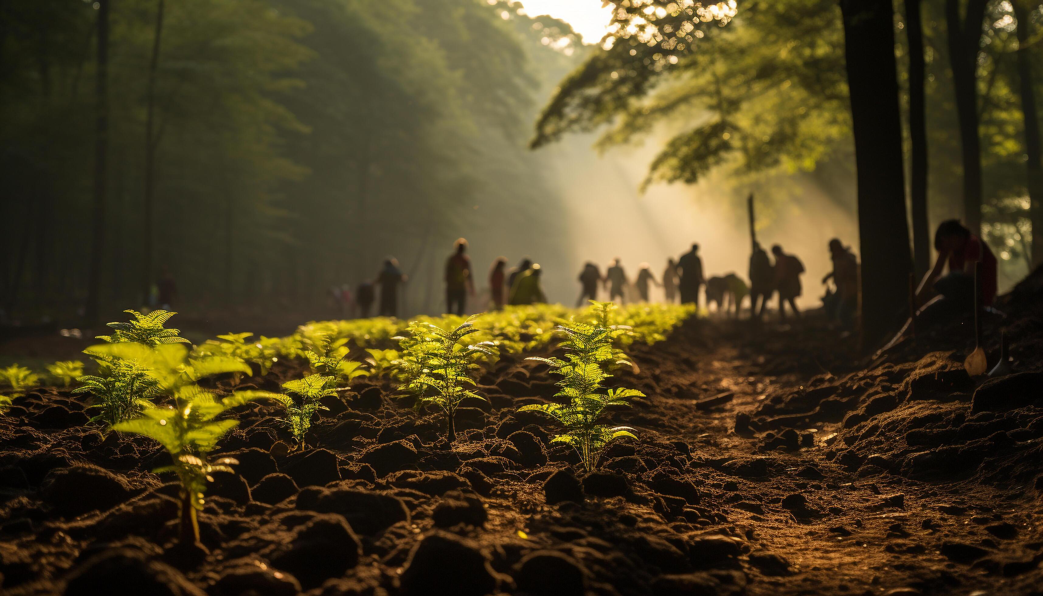 AI generated Family walking through the forest in the sunset generated by AI Stock Free