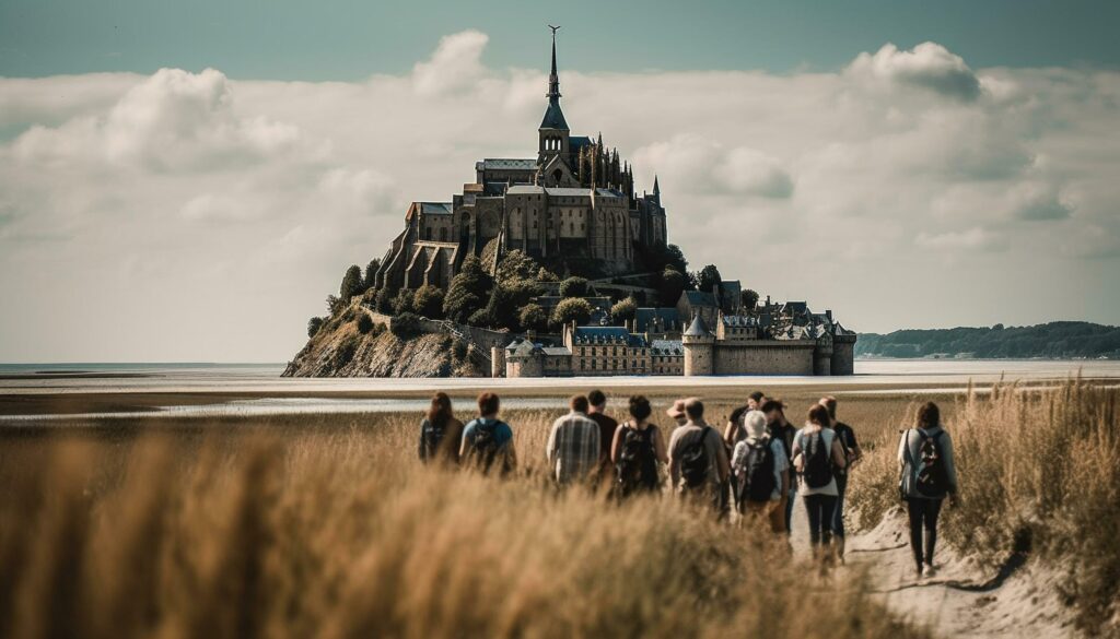 Group of tourists standing, looking at sunset generated by AI Stock Free