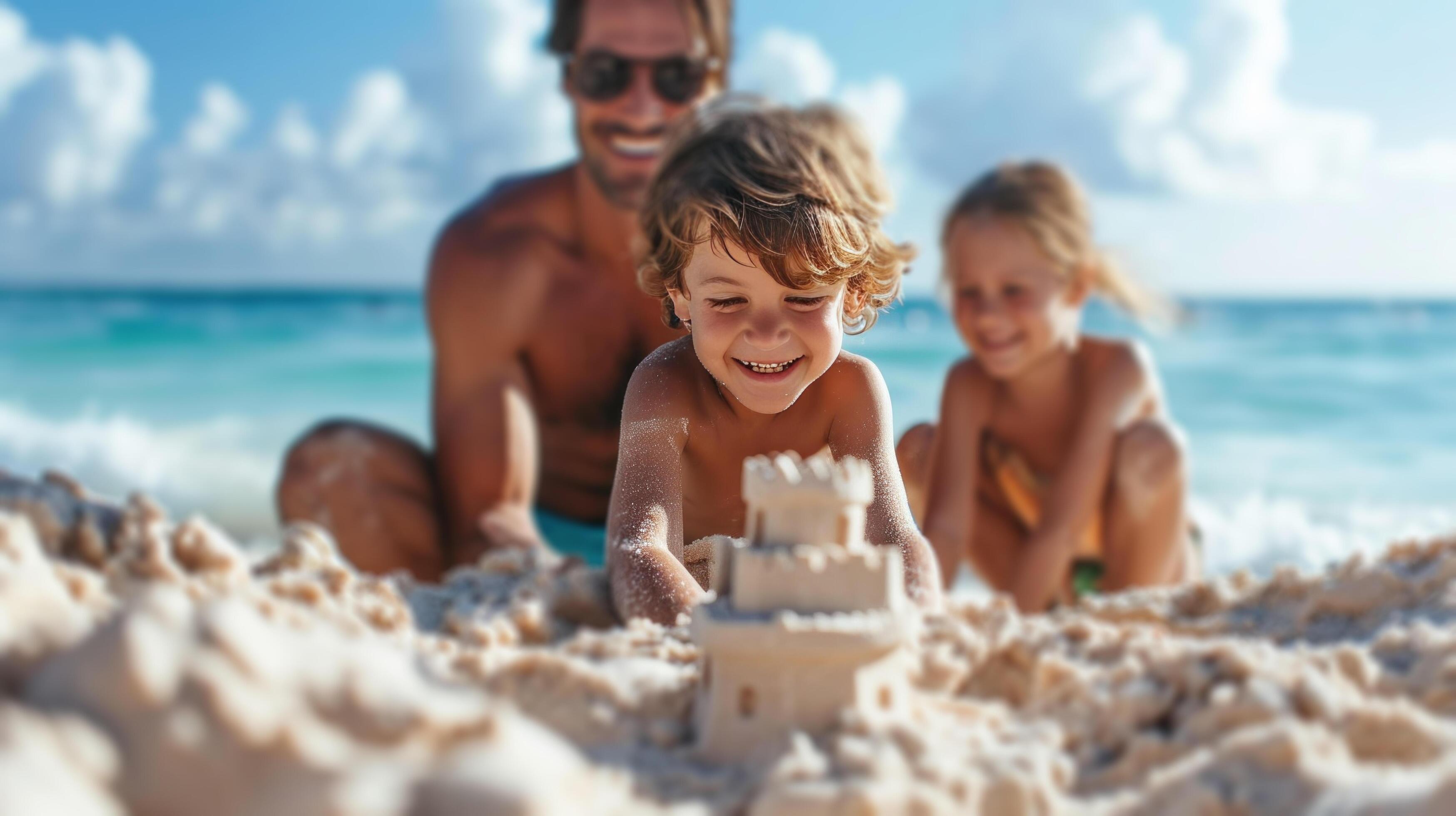 AI generated Smiling family building sandcastles, waves echoing their joy on a sunny shore Stock Free