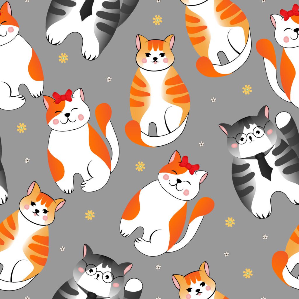 Seamless pattern with many different red, grey cats on grey background. Illustration for children. Free Vector