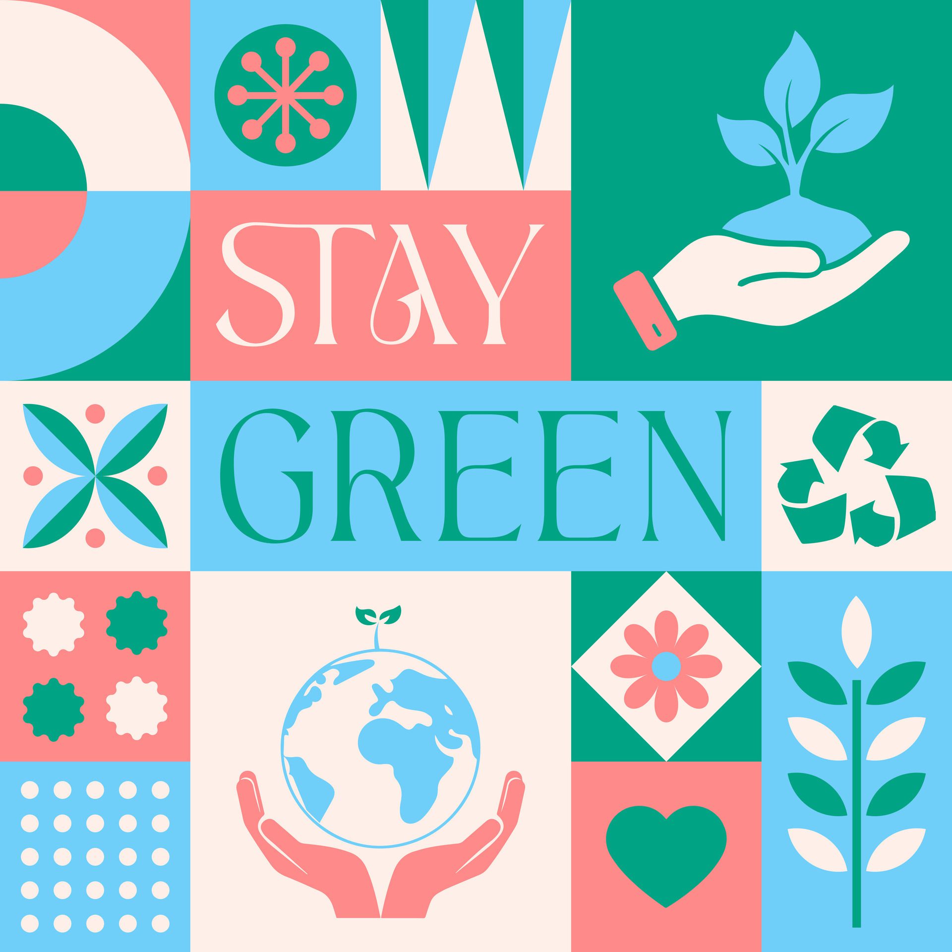 happy earth day stay green seamless pattern in scandinavian style postcard with Retro clean concept design Free Vector