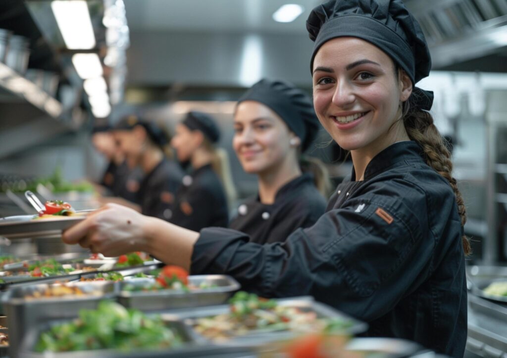 Portrait of happy chefs team standing together in kitchen generated by AI. Free Photo