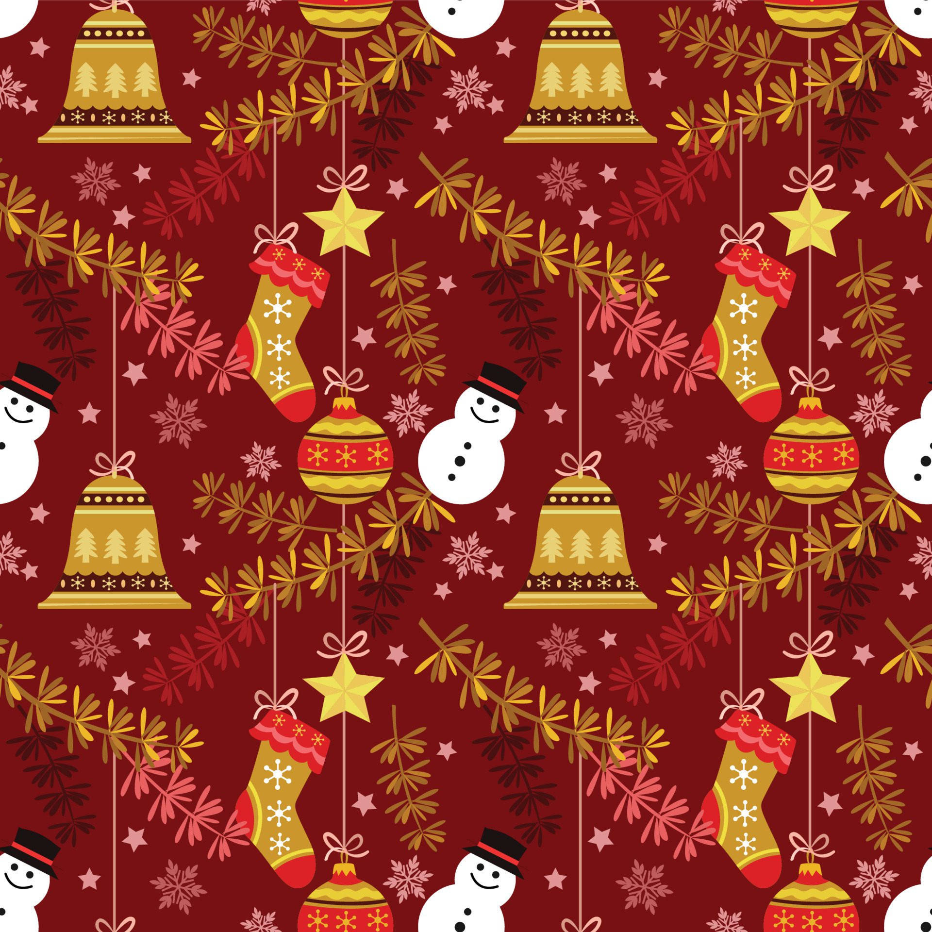 Christmas plant with element on red background seamless pattern. Free Vector