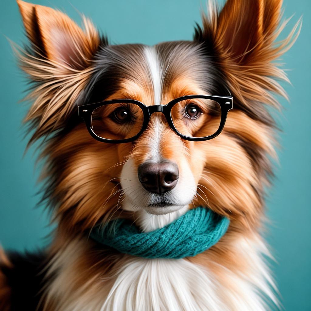 Sheltie wearing oversized glasses, by @ai_generated