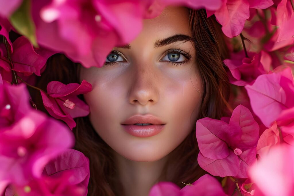 Blooming Elegance Spring Beauty Banner Featuring Woman Amidst Bougainvillea Free Photo