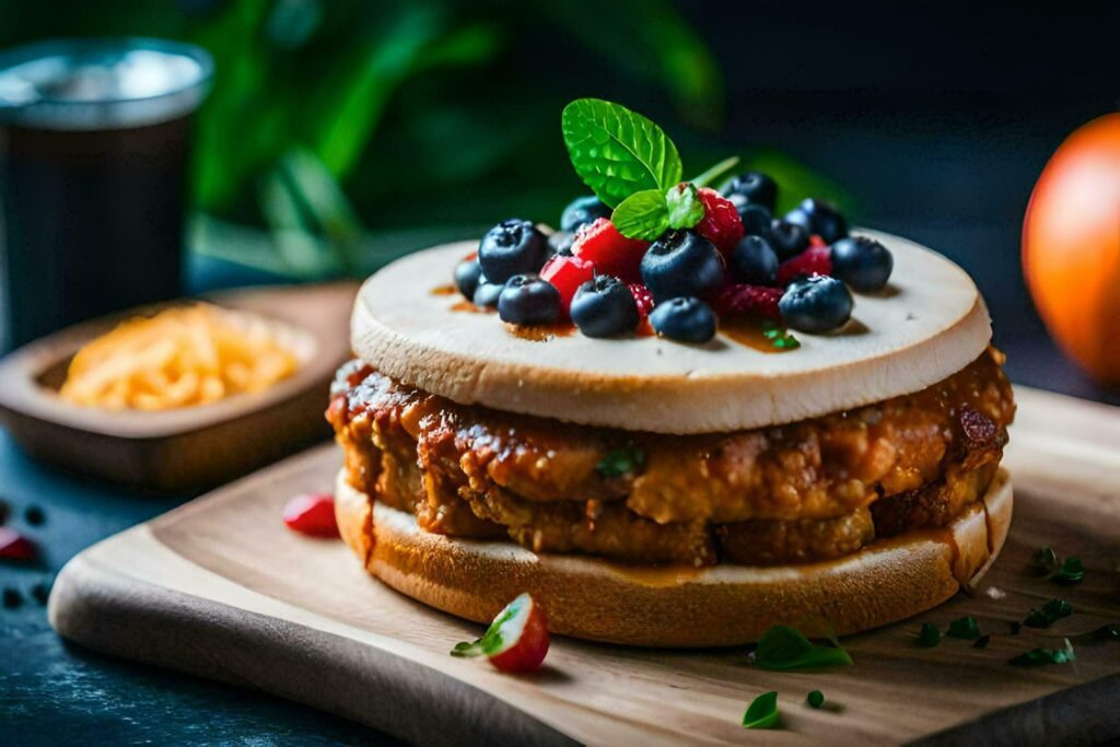 a hamburger with blueberries and cheese on top. AI-Generated Free Photo