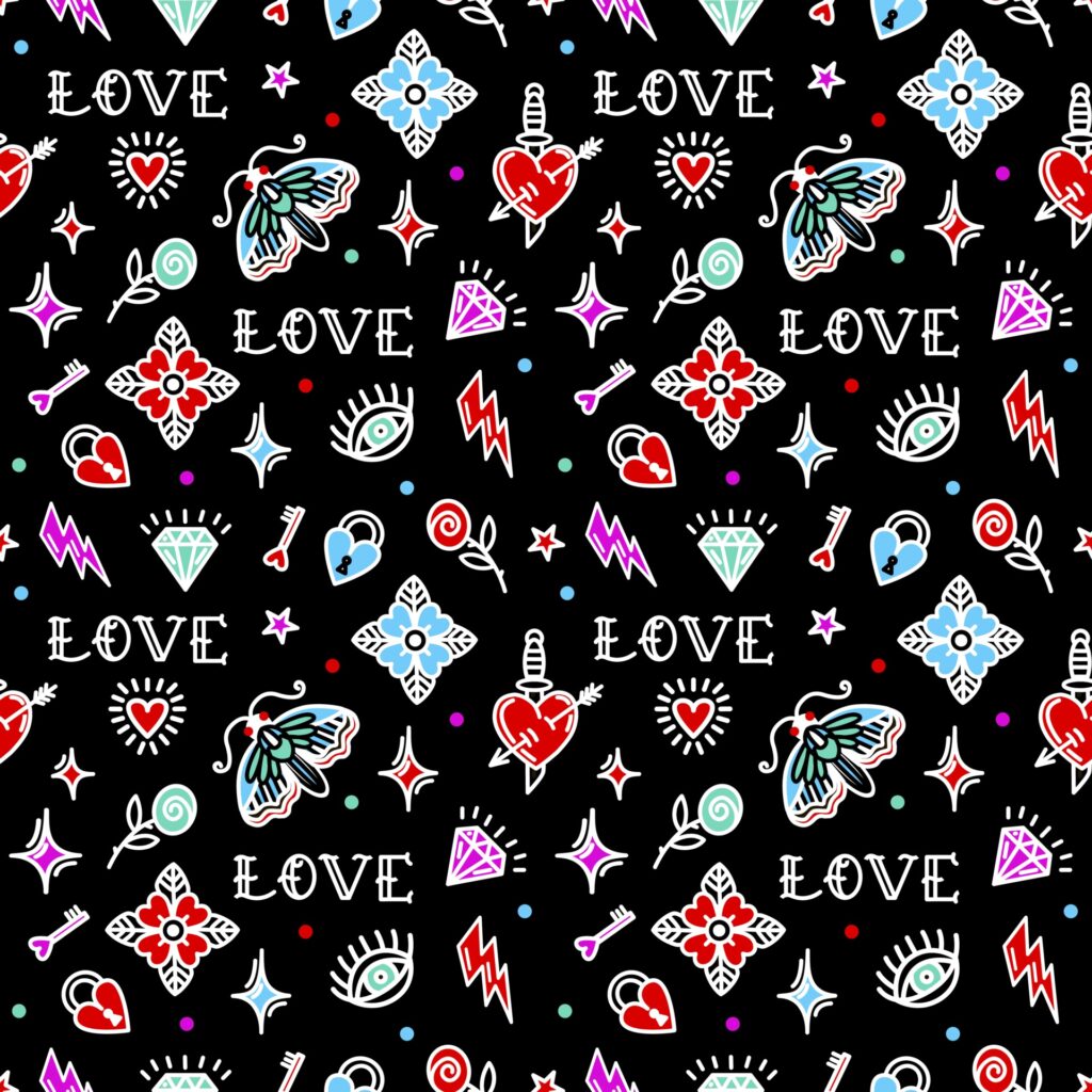 Old school tattoo seamless pattern with love symbols. Vector illustration. Design For Valentines Day, Stilts, Wrapping Paper, Packaging, Textiles Free Vector