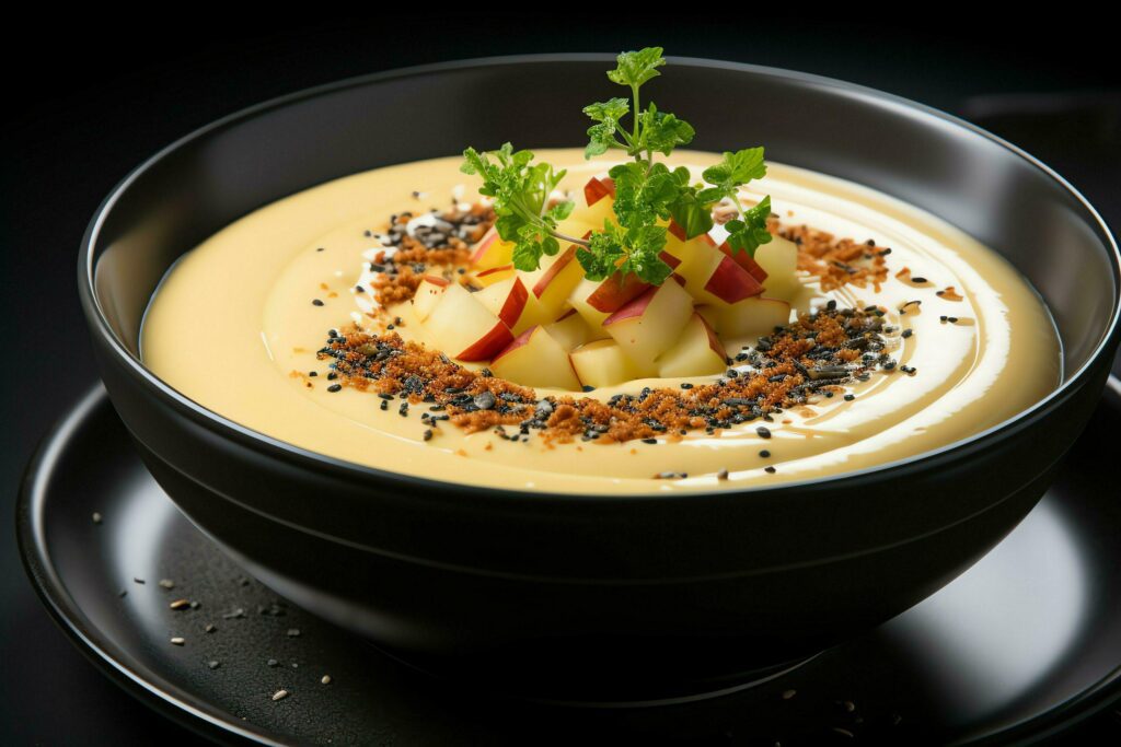 A delicious apple soup food in a bowl. Winter food and healthy protein soup meal concept by AI Generated Stock Free